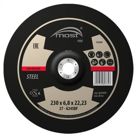 Brusný kotouč 230 x 6,8 x 22,23 mm MOST PRO METAL typ 27