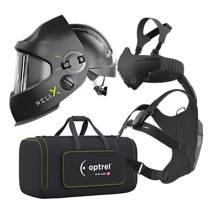 Set RTW svářecí kukla Helix 2.5 černá + filtroventilace Swiss Air Optrel