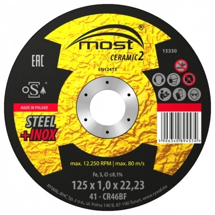 Řezný kotouč 125 x 1,6 x 22,23 mm MOST CERAMIC2 Steel + Inox typ 41