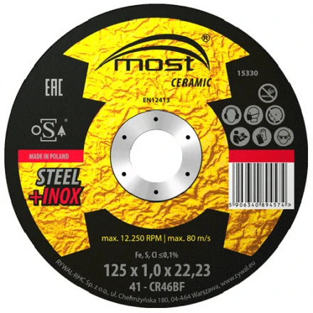 Řezný kotouč 125 x 1,0 x 22,23 mm MOST CERAMIC Metal + Inox typ 41