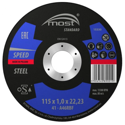 Řezný kotouč 115 x 1,0 x 22,23 mm MOST STANDARD METAL Speed typ 41