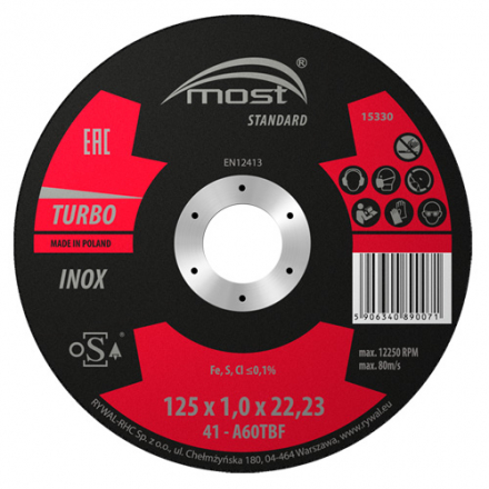 Řezný kotouč 125 x 1,0 x 22,23 mm MOST STANDARD INOX Turbo typ 41