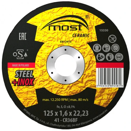Řezný kotouč 125 x 1,6 x 22,23 mm MOST CERAMIC Metal + Inox typ 41