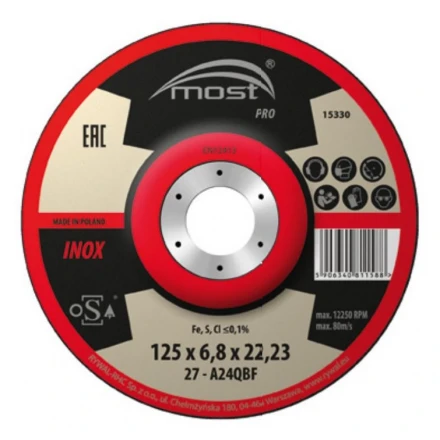 Brusný kotouč 125 x 6,8 x 22,23 mm MOST PRO INOX typ 27