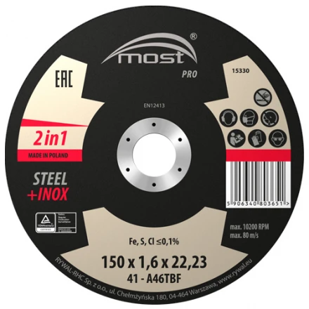 Řezný kotouč 150 x 1,6 x 22,23 mm MOST PRO METAL + INOX typ 41