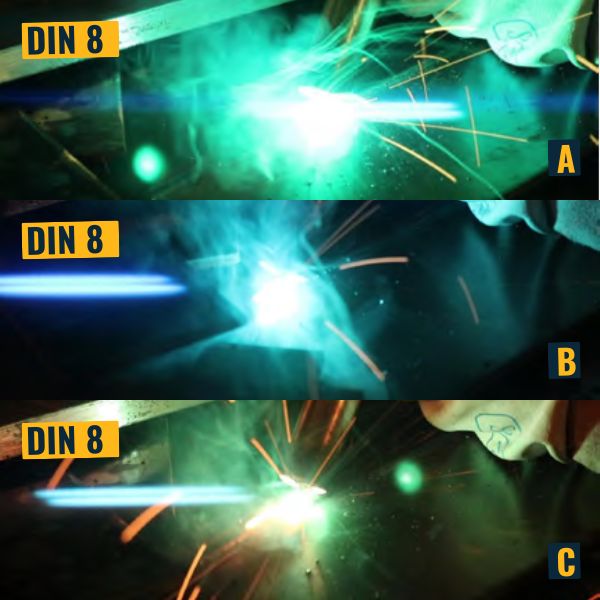 Nastavení barevných režimů A, B, C na kazetě 3M Speedglas G5-03 VC při DIN 8